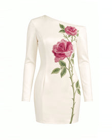 Rose Embroidered One-Shoulder MiniDress - Pure White