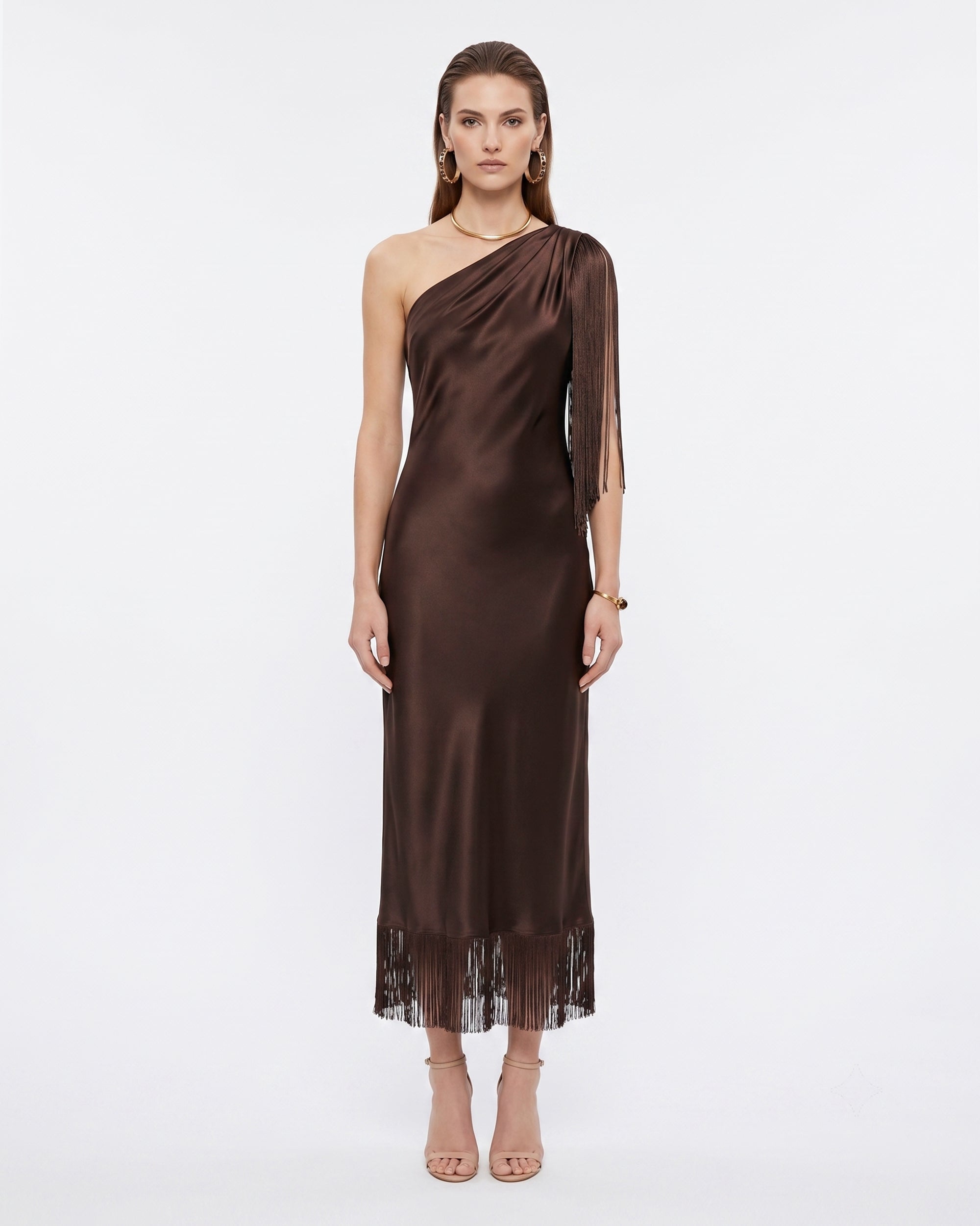 One Shoulder Fringe Midi Dress - Mocha