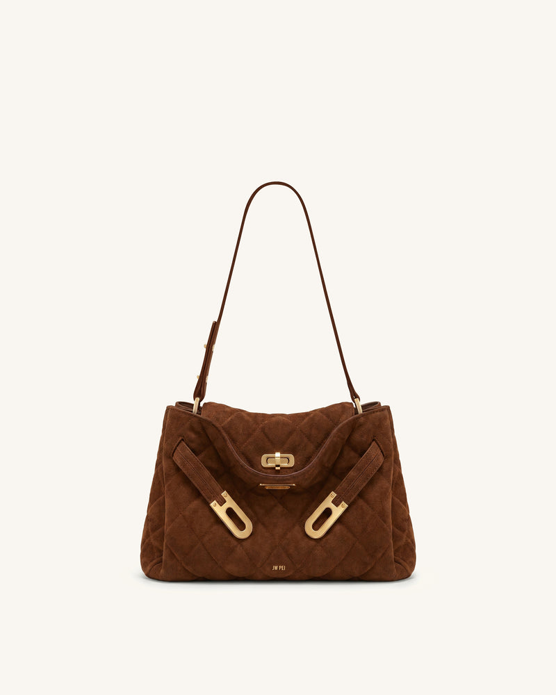 Rhea Faux Suede Quilting Double Buckle Shoulder Bag - Hazelnut Brown