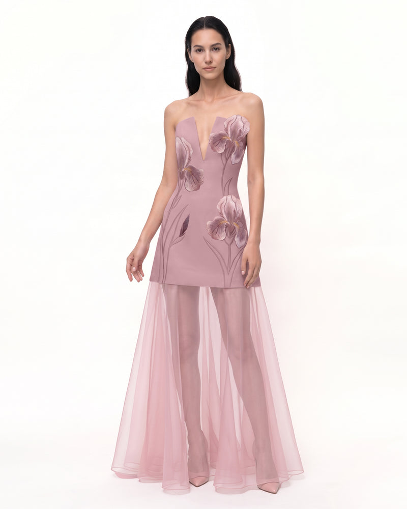 Iris Embroidered Plunge Sheer Overlay Maxi Dress - Soft Rose