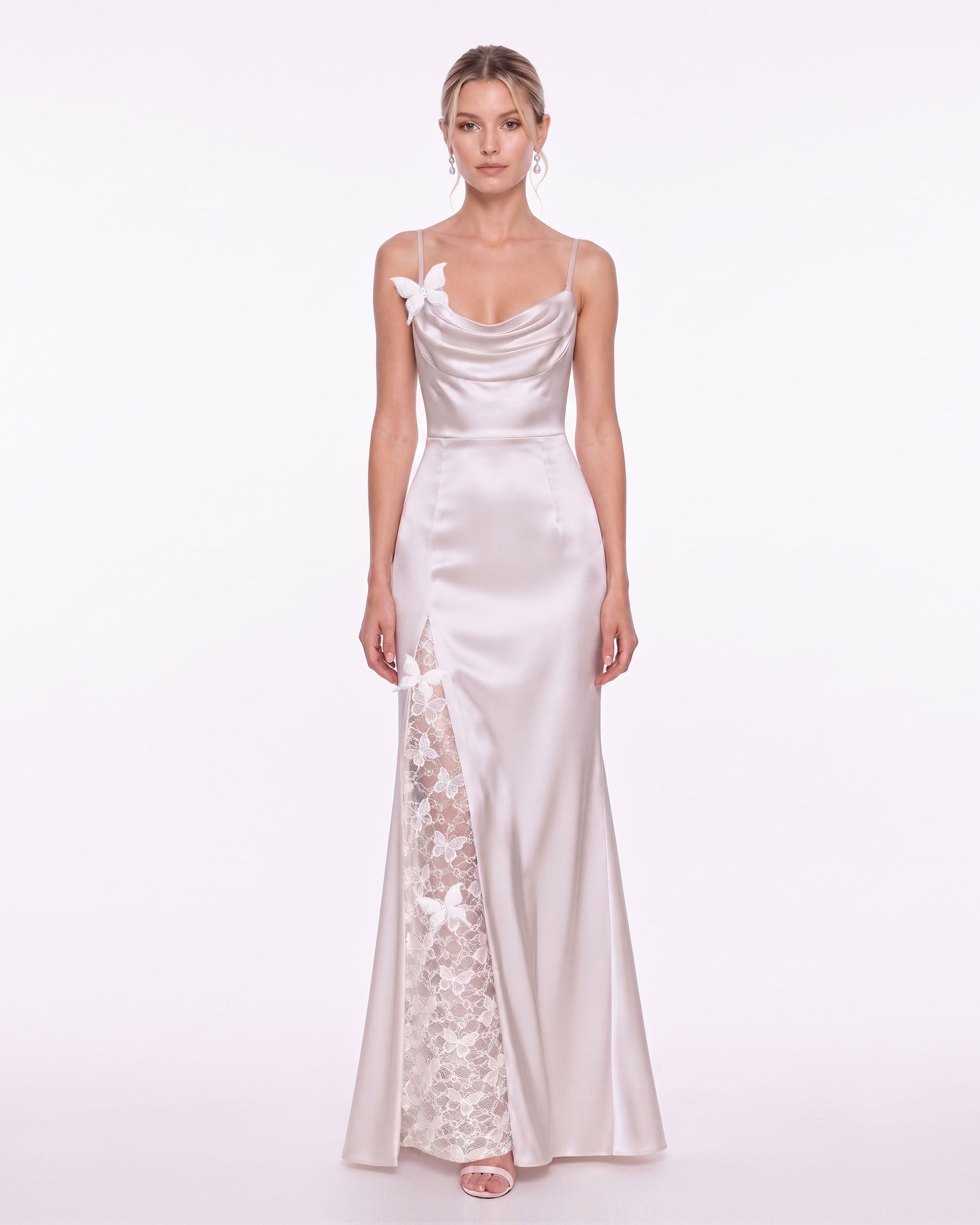 Butterfly Lace Panel Satin Cowl Maxi Dress - Ivory