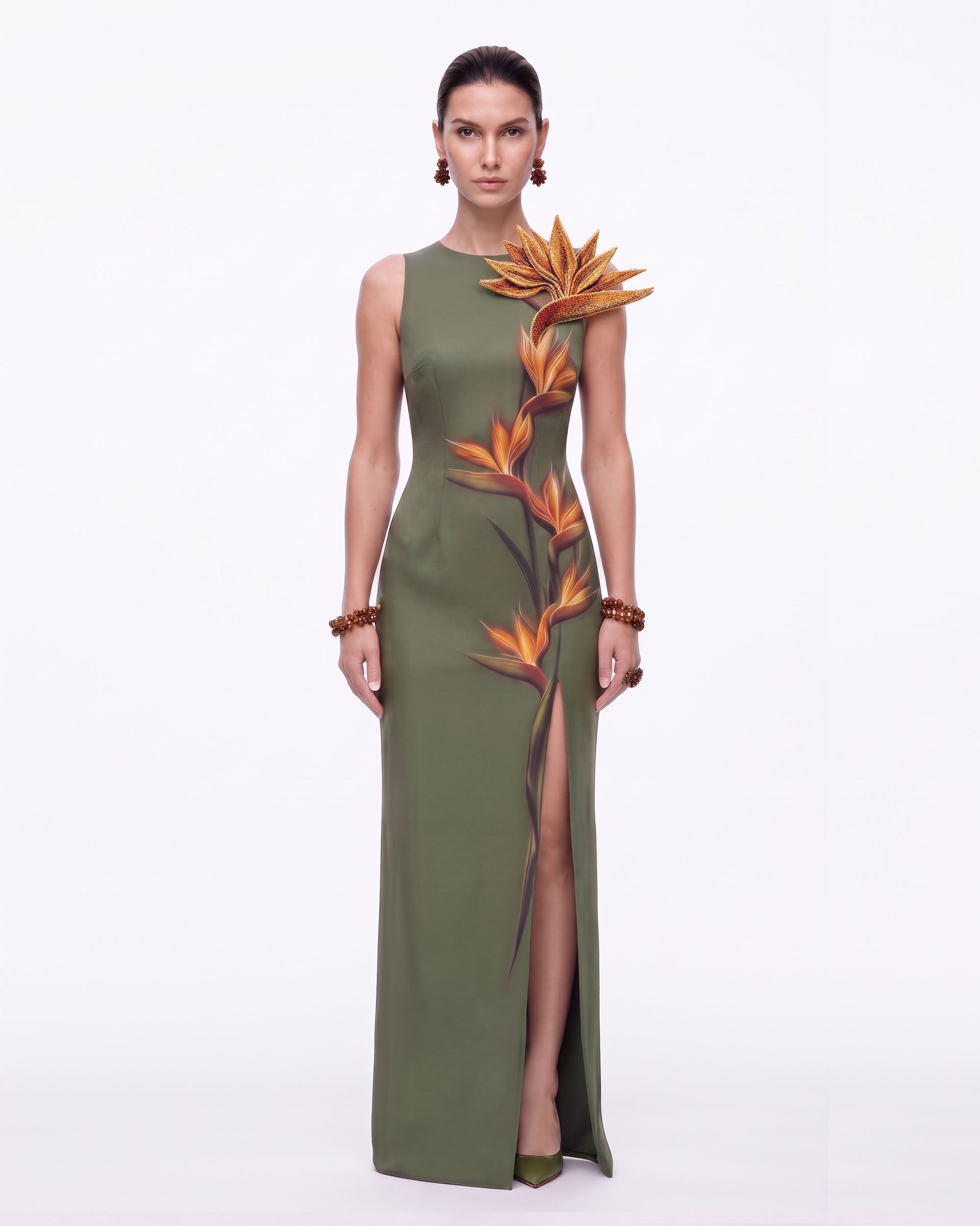 Bird of Paradise Appliqué Slit Maxi Dress - Olive Green