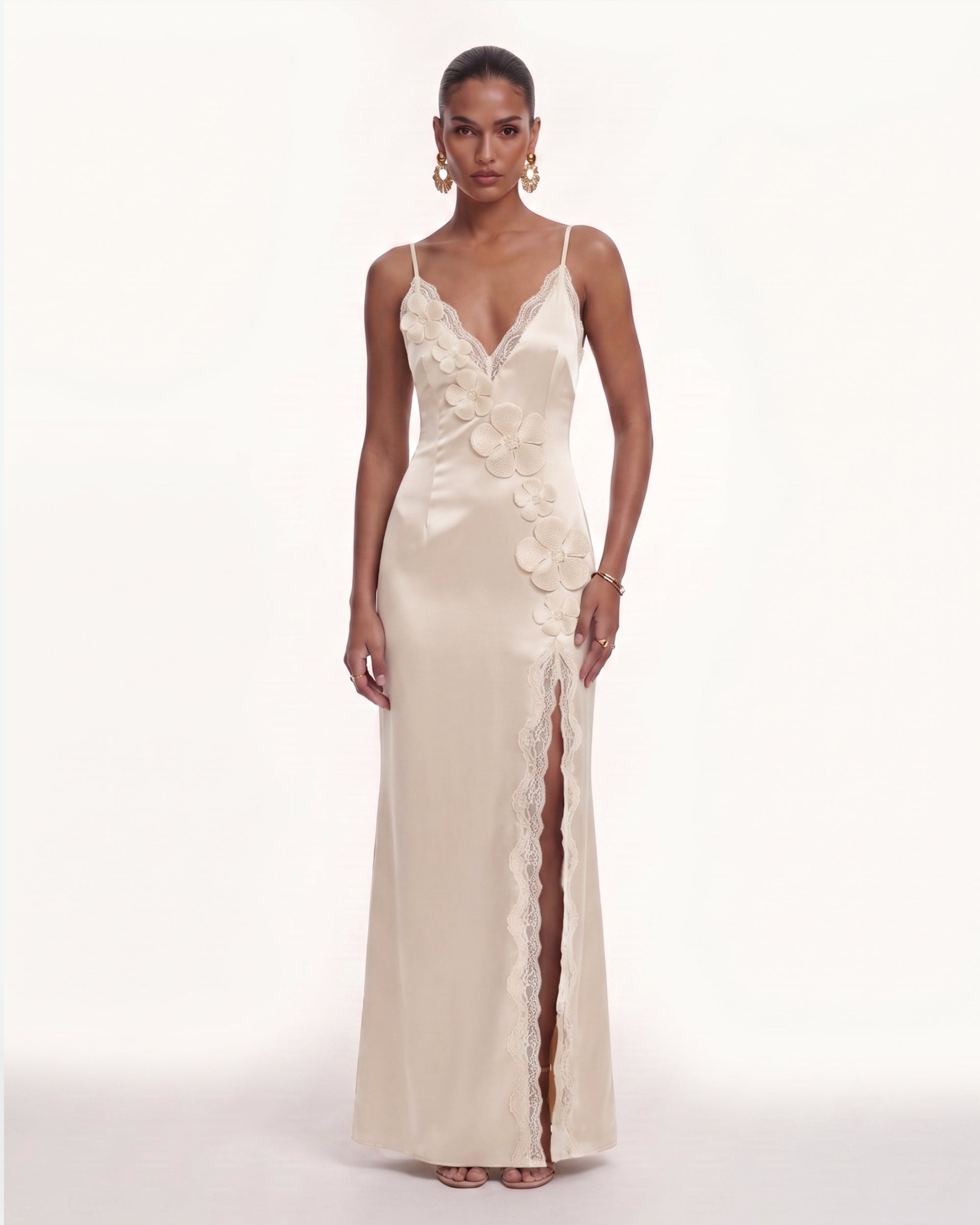 Floral Appliqué Lace-Trim Slit Satin Maxi Dress - Champagne