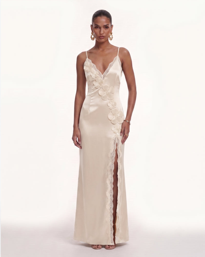Floral Appliqué Lace-Trim Slit Satin Maxi Dress - Champagne