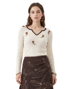 Floral Embroidered Notch-Neck Ribbed Sweater - Cream White