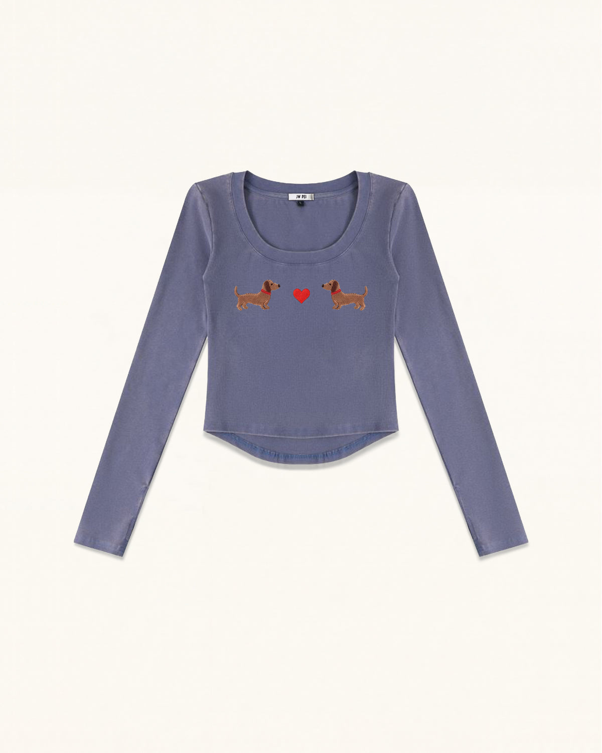 Dachshund Heart Scoop Neck Curved Cropped Tee - Smokey Slate