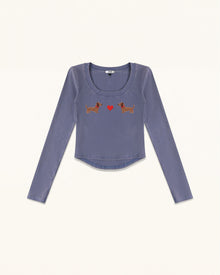 Dachshund Heart Scoop Neck Curved Cropped Tee - Smokey Slate