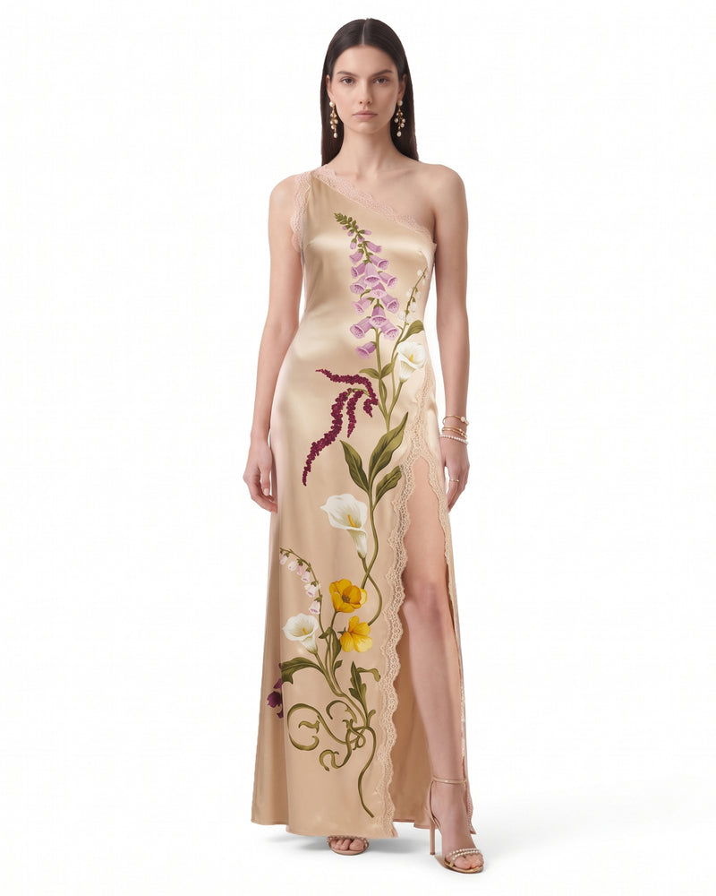 One-Shoulder Floral Lace Slit Evening Dress - Champagne