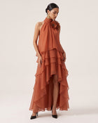 Poppy Embroidered Detail Halter Draped Tiered High-Low Maxi Dress - Orange