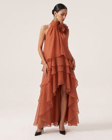Poppy Embroidered Detail Halter Draped Tiered High-Low Maxi Dress - Orange