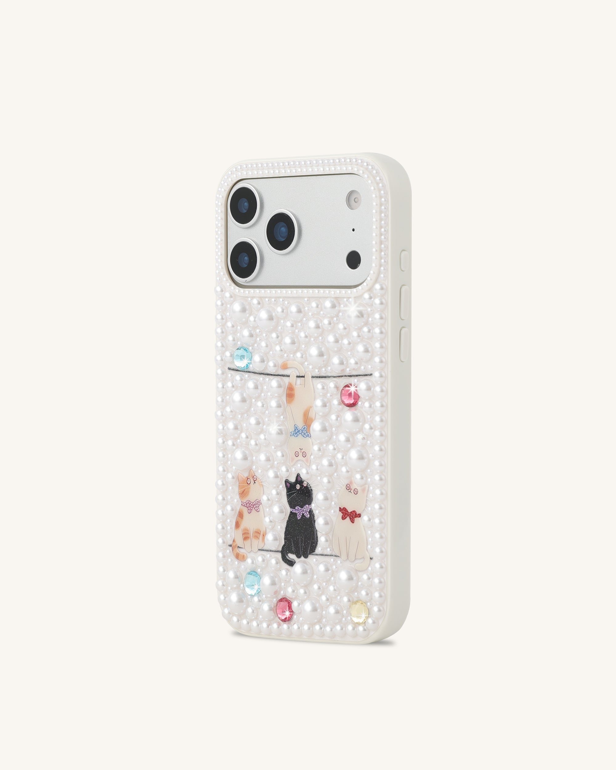 Pearl-Embellished Playful Cats Phone Case - White