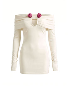 3D Embroidered Tulip Off-The-Shoulder Long-Sleeve Mini Dress - White