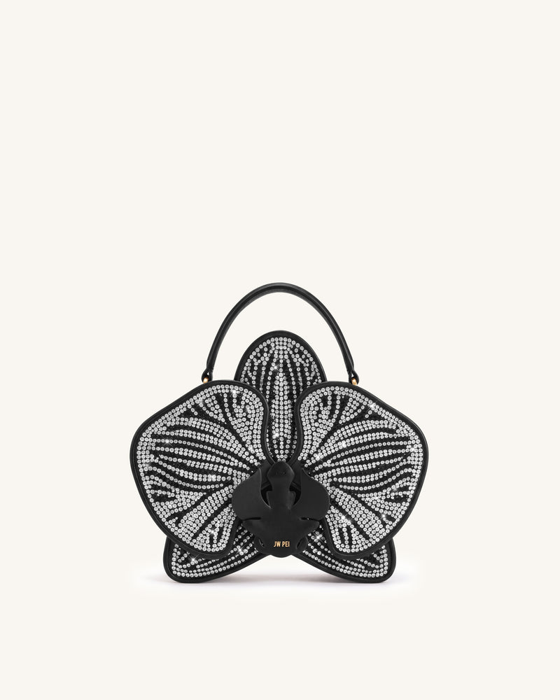 Flora Artificial Crystal Orchid Shaped Top Handle Bag - Black White