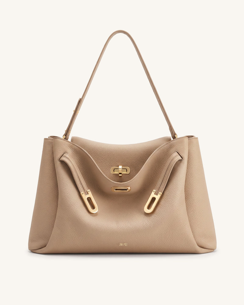 Rhea Large Pebbled Double Buckle Shoulder Bag - Light Camel