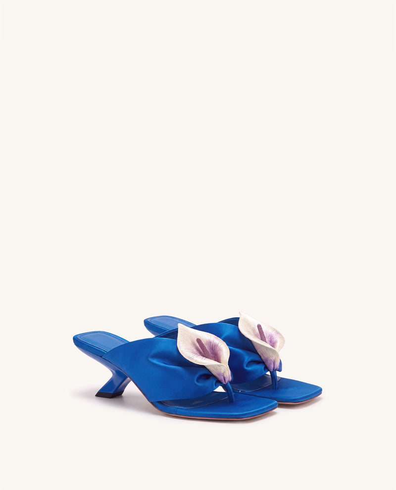 Bianca Calla Lily Ruched Toe-Post Heeled Sandals - Cobalt Blue