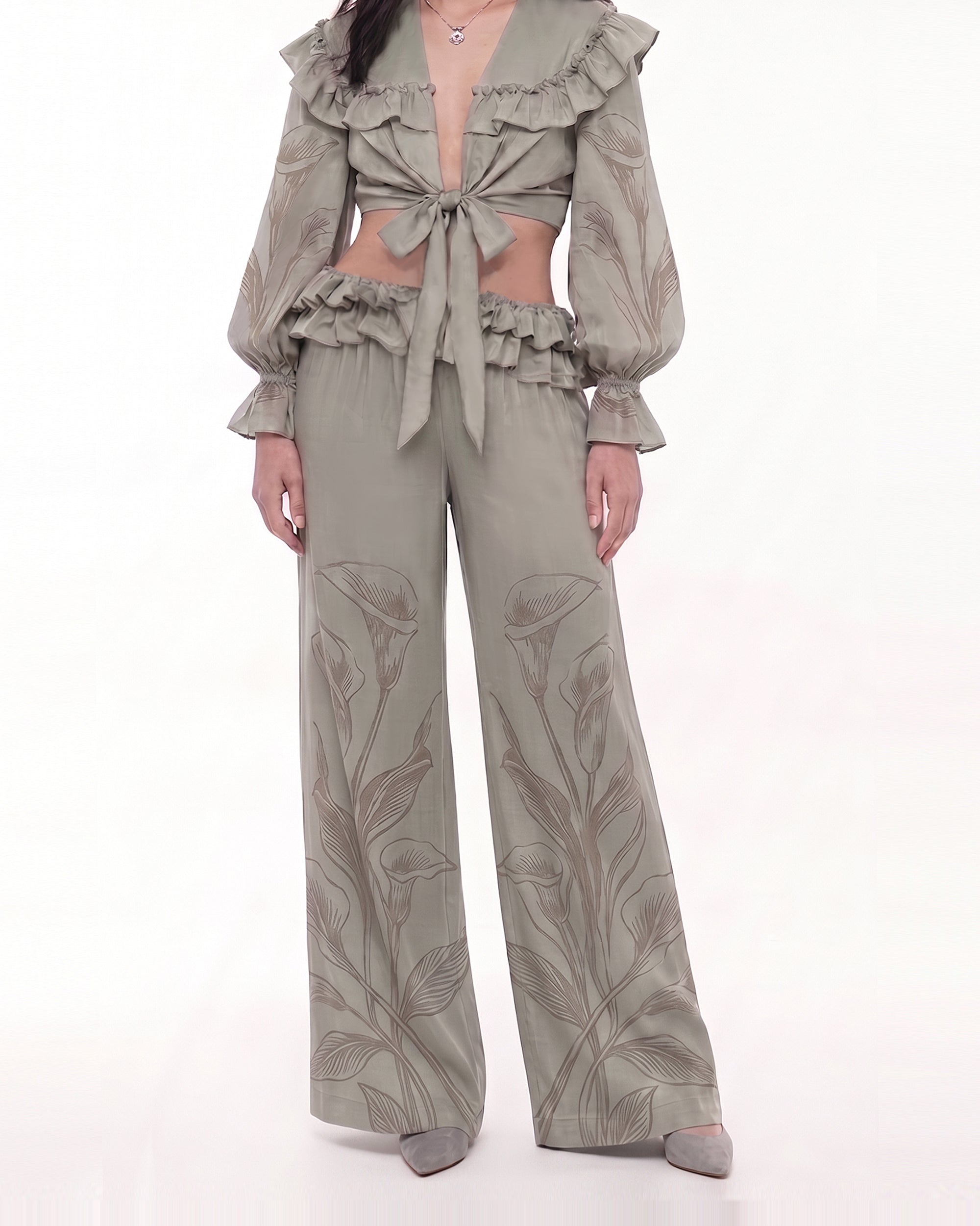 Calla Lily Ruffle Tie-Front Wide-Leg Pants - Sage Green