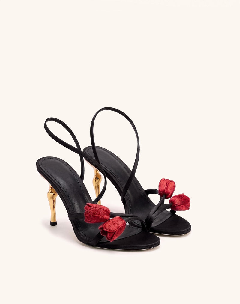 Amara Tulip Embroidered Wraparound Heels - Black