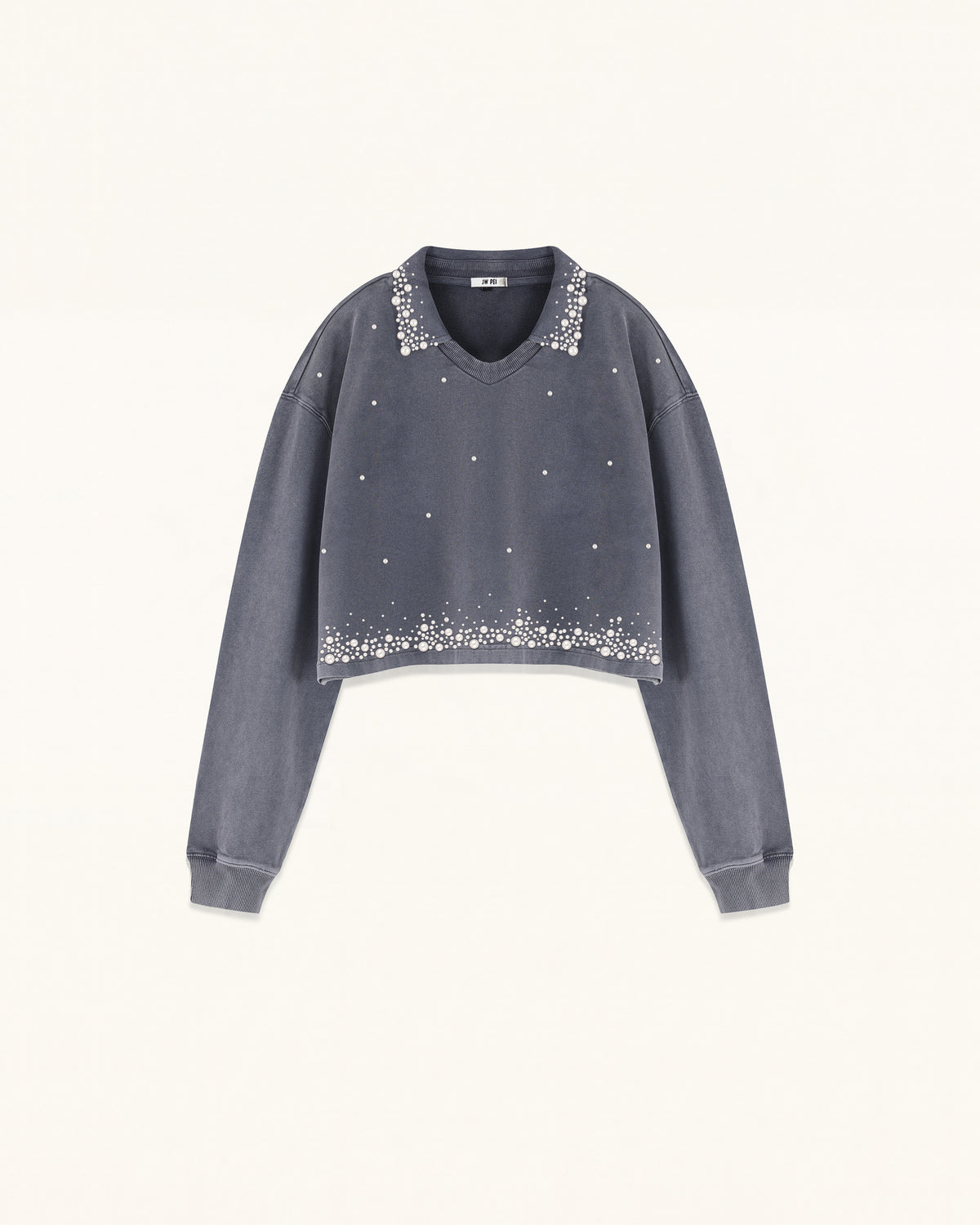 Gradient Pearl Trim Cropped Sweatshirt - Washed Slate