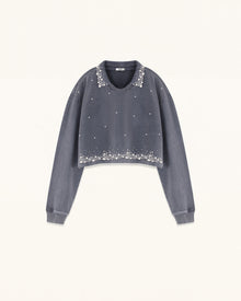 Gradient Pearl Trim Cropped Sweatshirt - Washed Slate