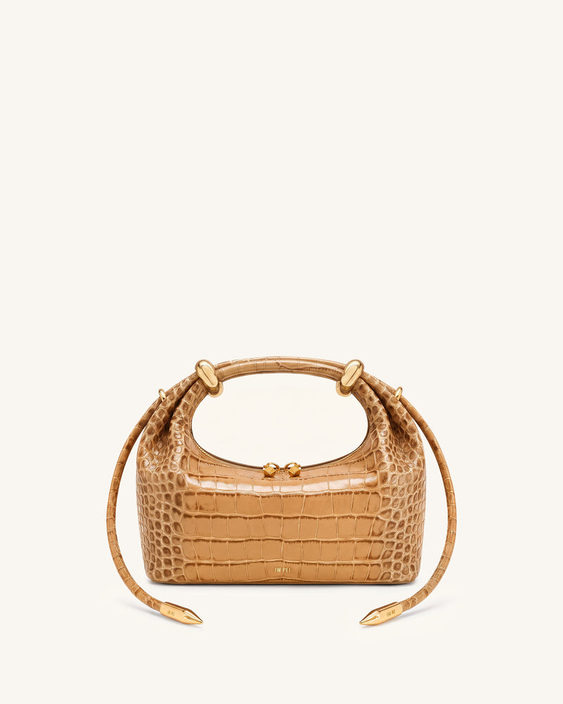 Ellie Metal Ring Embellished Top Handle Bag - Camel Croc