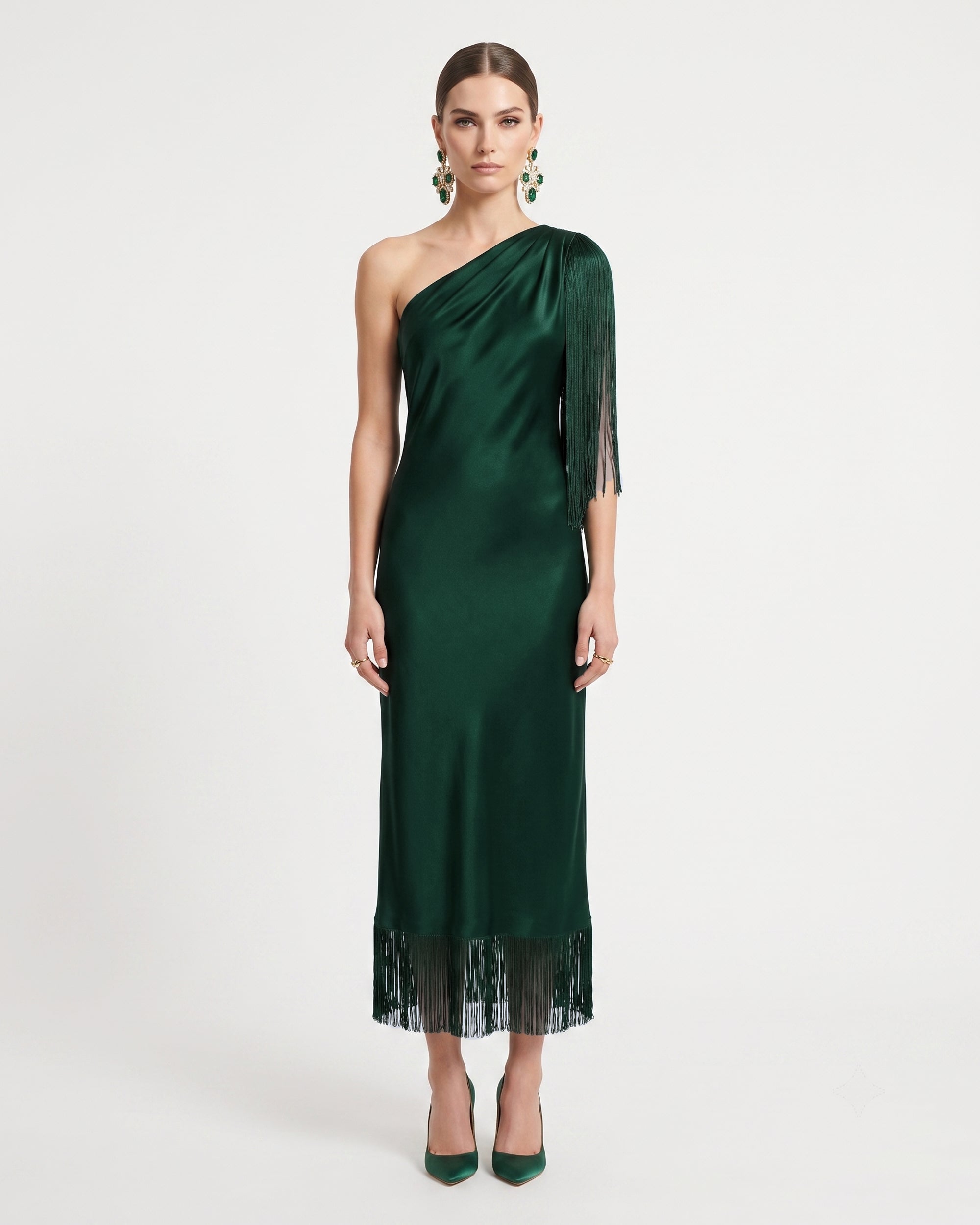 One Shoulder Fringe Midi Dress - Emerald Green