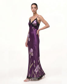 Satin Iris Print Lace Trim Spaghetti Strap Maxi Dress - Purple