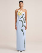 Lily Embroidered Strapless Satin Maxi Dress - Light Blue