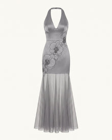 Orchid Embroidered Sheer Hem Halter Maxi Dress - Grey