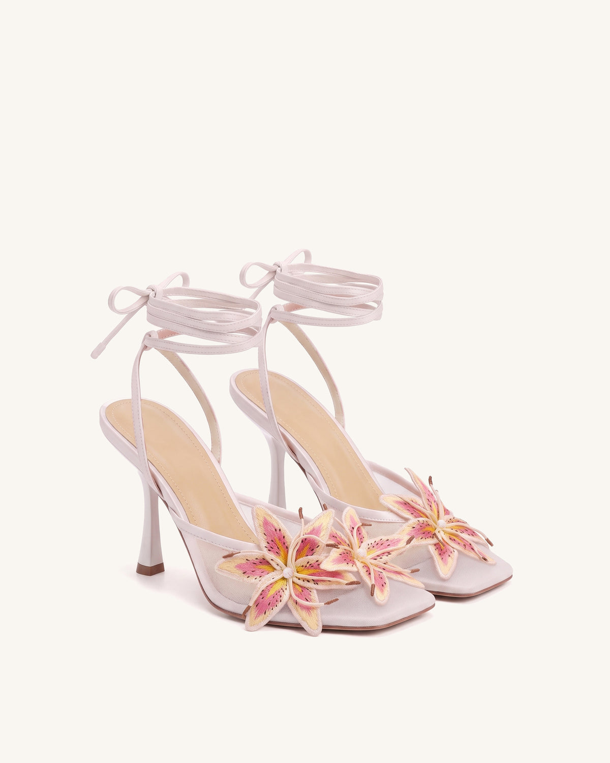 Isadora Lily Floral Mesh Lace-Up Stiletto Sandals - White
