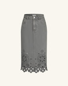 The Delicate Embroidered Cutout Denim Midi Skirt - Washed Sage