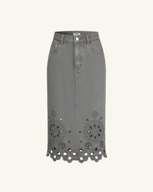The Delicate Embroidered Cutout Denim Midi Skirt - Washed Sage