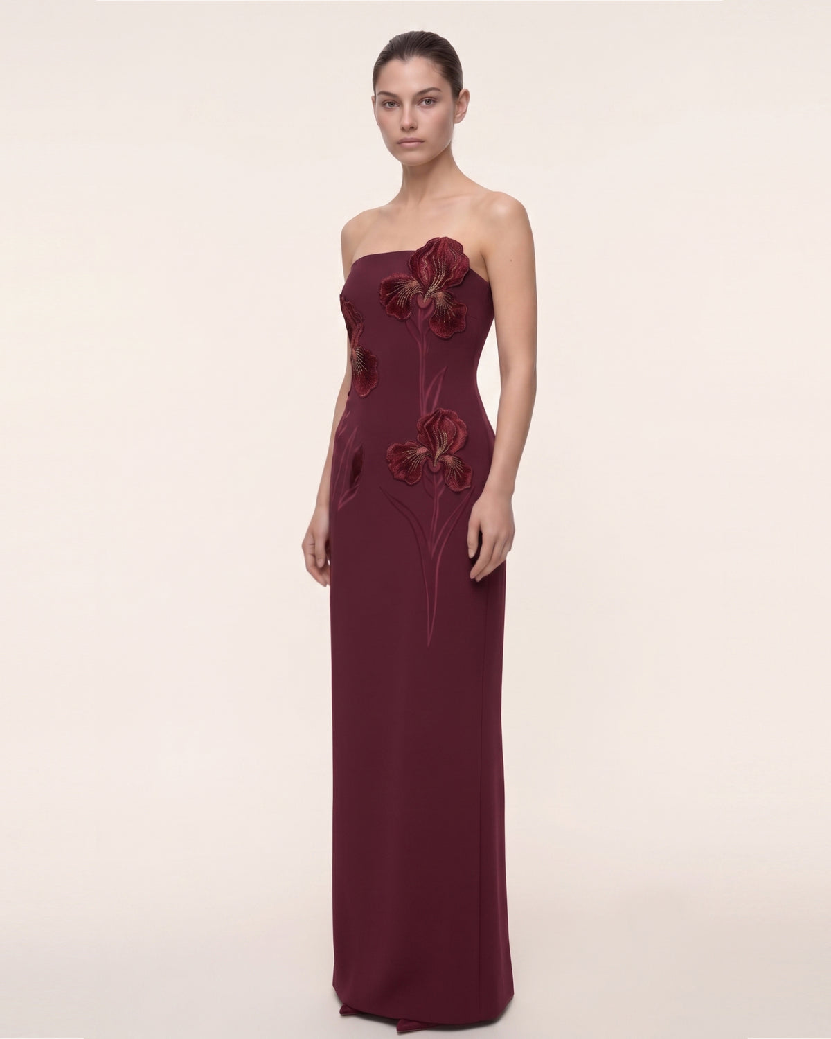 Iris Embroidered Strapless Maxi Dress - Burgundy