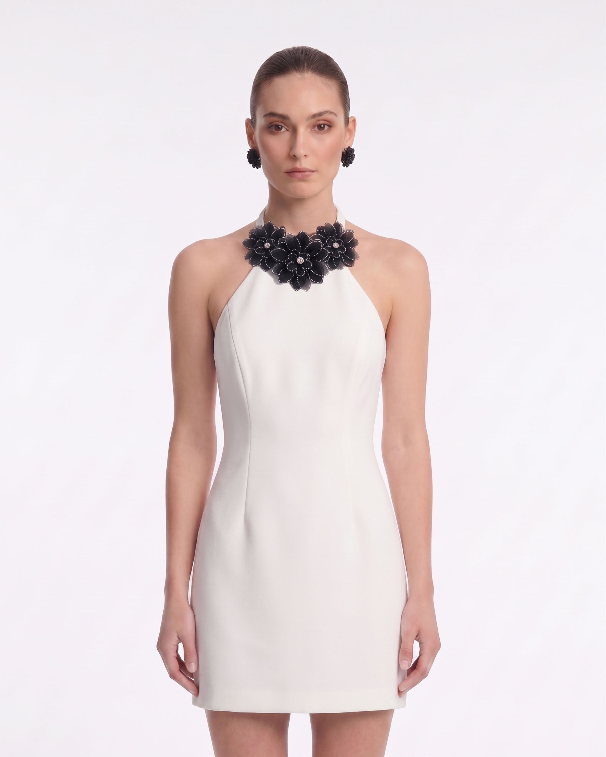 Floral Appliqué Halter Mini Dress - Ivory