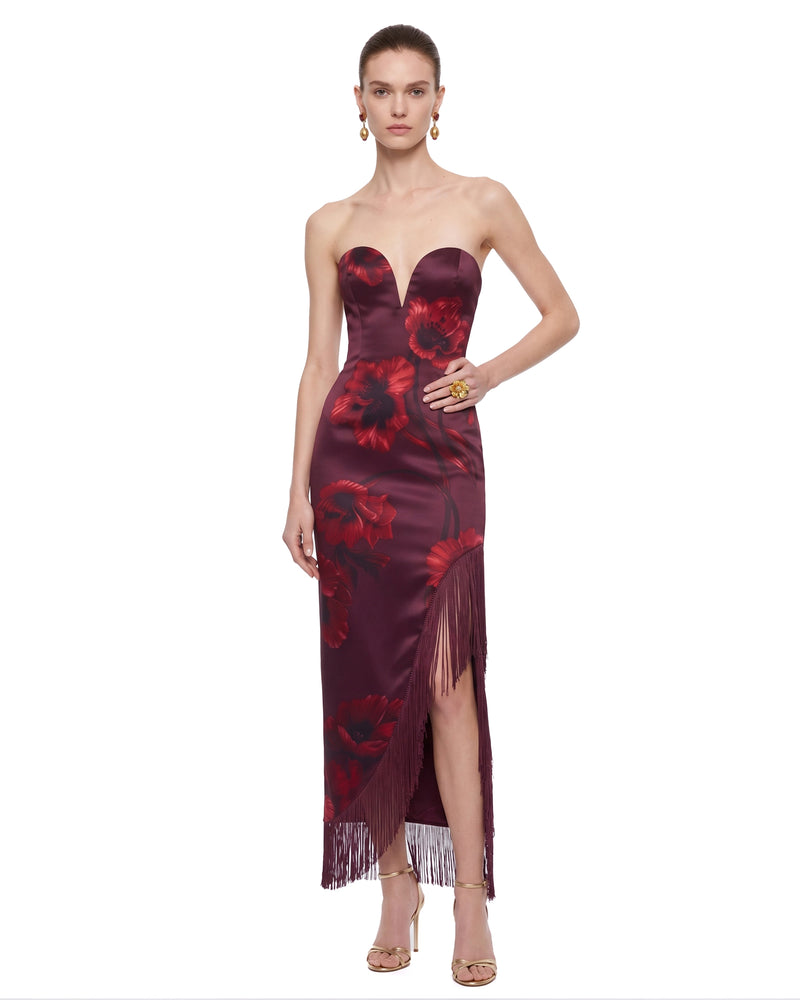 Floral Print Strapless Fringe Slit Maxi Dress - Burgundy