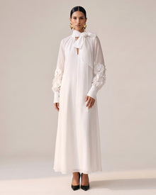 Orchid Embellished Belted Cutout-Shoulder Midi Dress - Off White