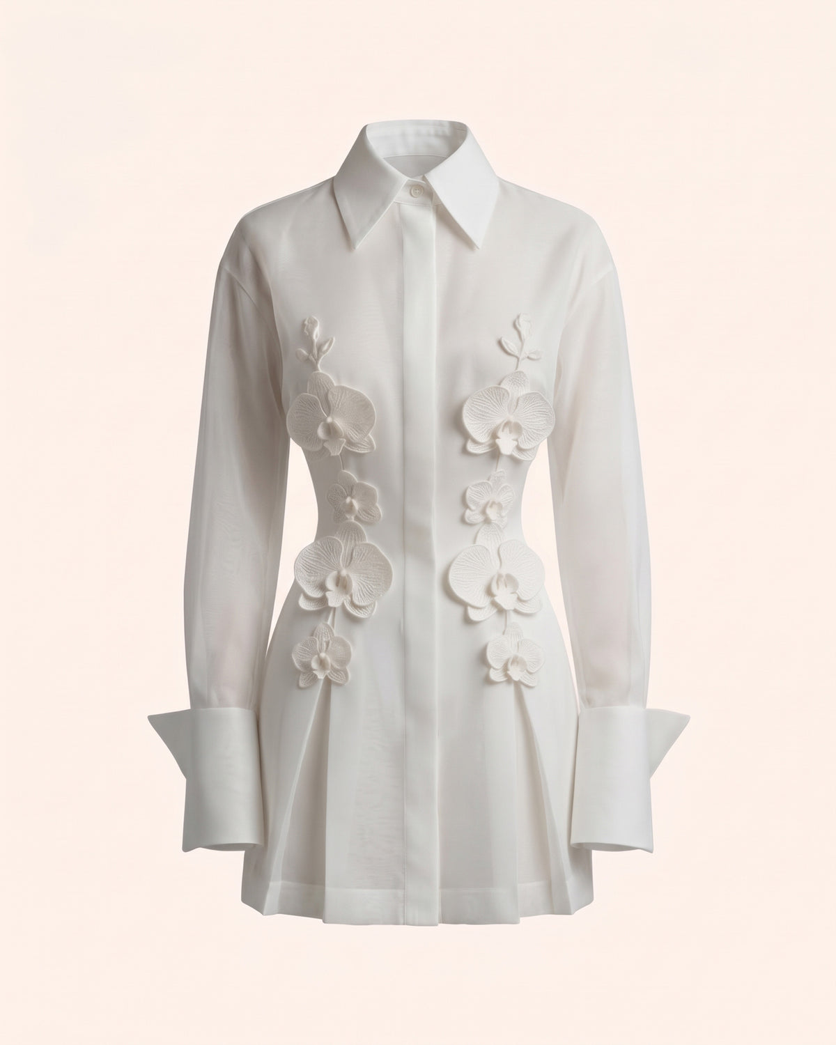 Orchid-Embellished High-Neck Button-Front Mini Shirt Dress - White