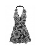 Floral Embroidered Plunge Halter Mini Dress - Black