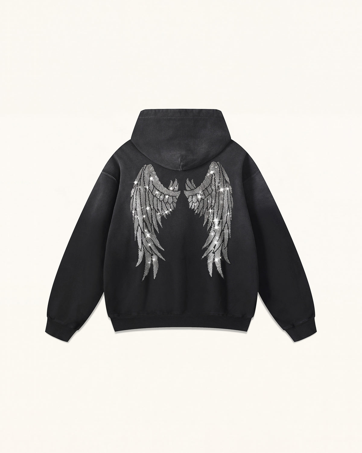 The Seraphic Crystal Feather Wing Hoodie - Washed Black
