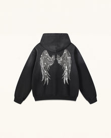 The Seraphic Crystal Feather Wing Hoodie - Washed Black