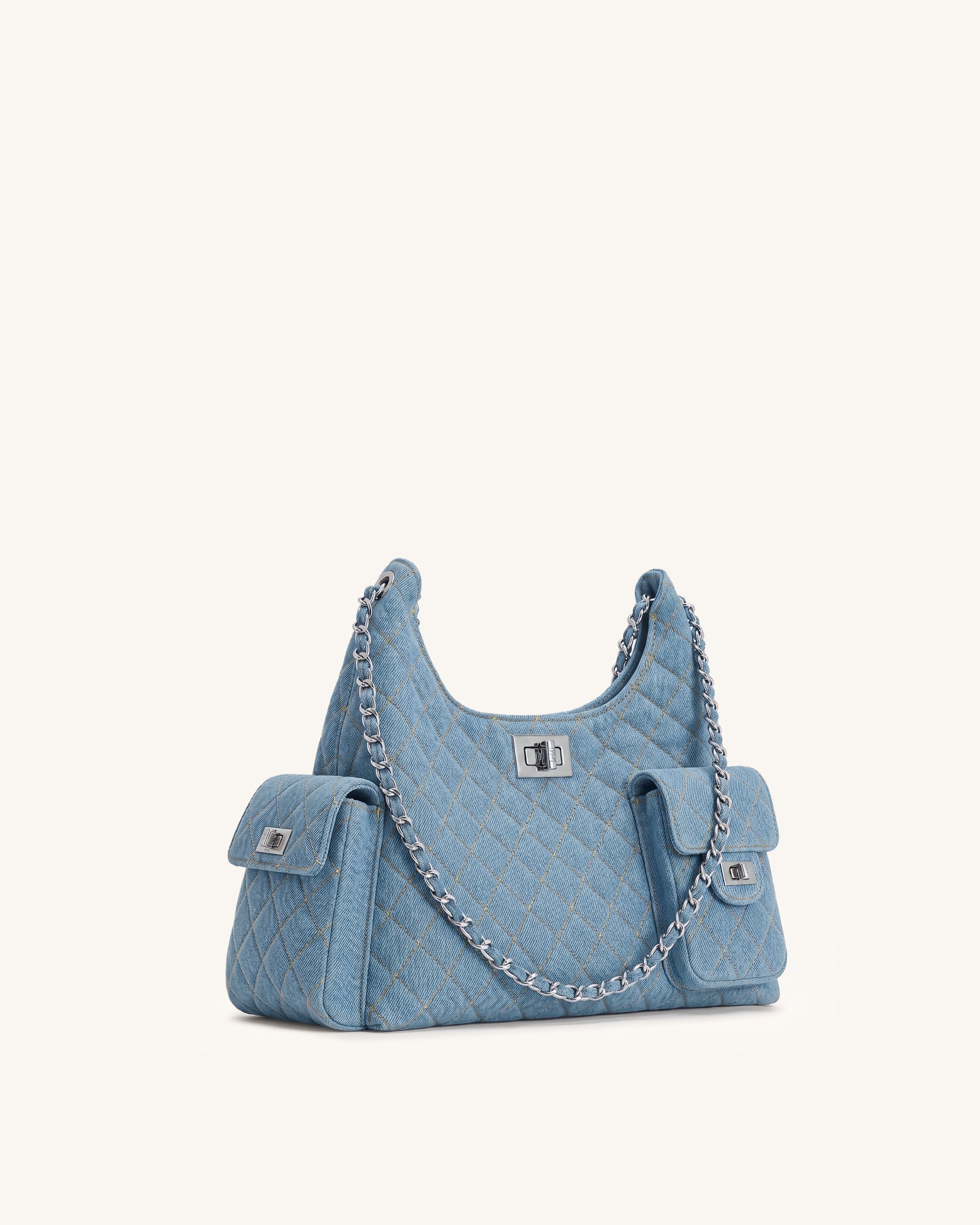 Vivian Quilted Chain Shoulder Bag - Light Blue Denim