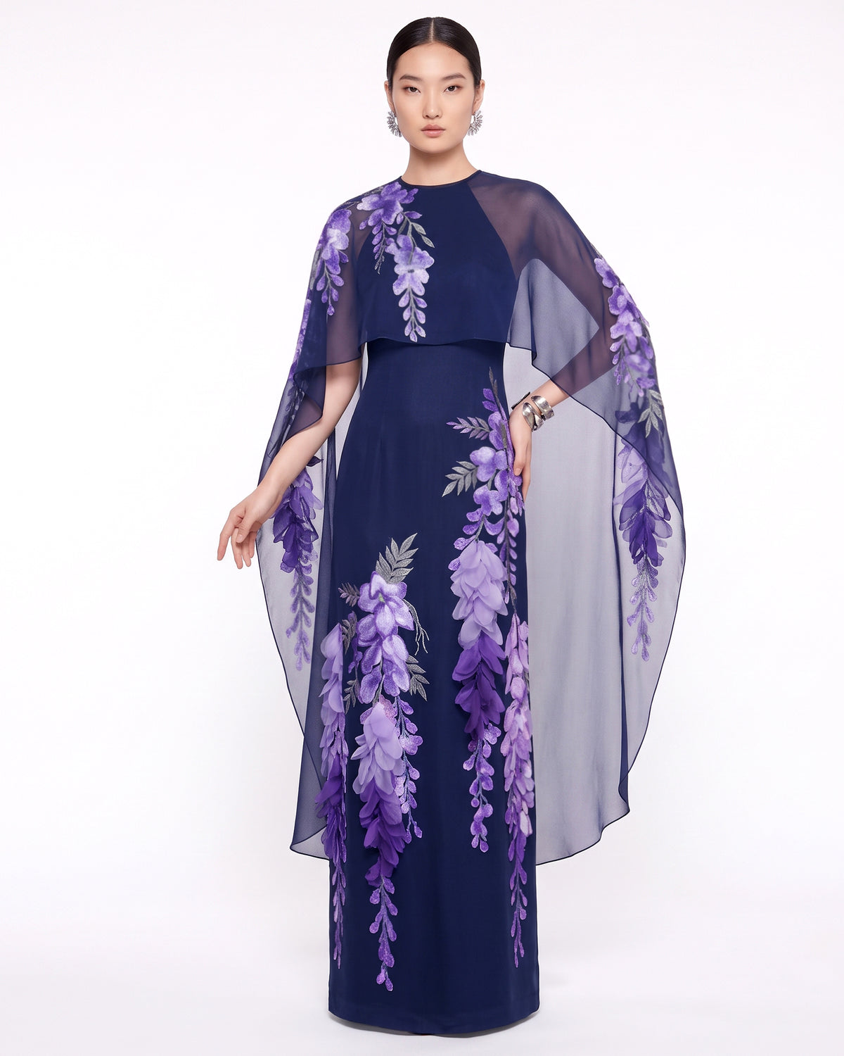 Wisteria Chiffon Cape Maxi Dress - Navy Blue