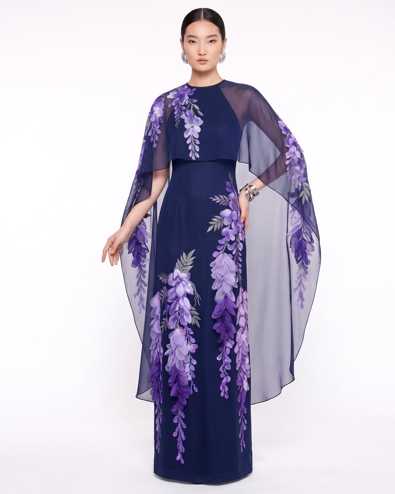 Wisteria Chiffon Cape Maxi Dress - Navy Blue