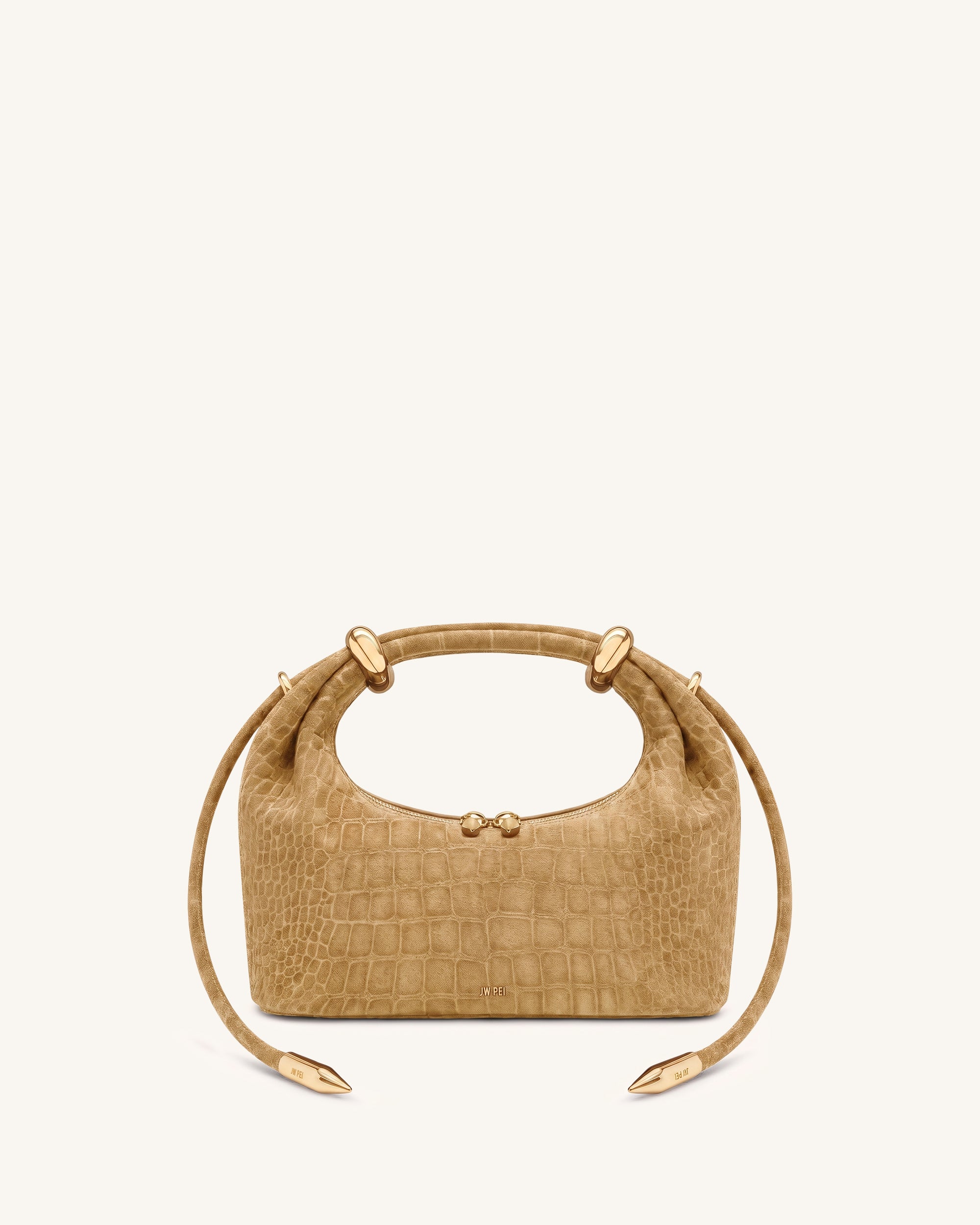 Ellie Faux Suede Metal Ring Embellished Top Handle Bag - Khaki Croc