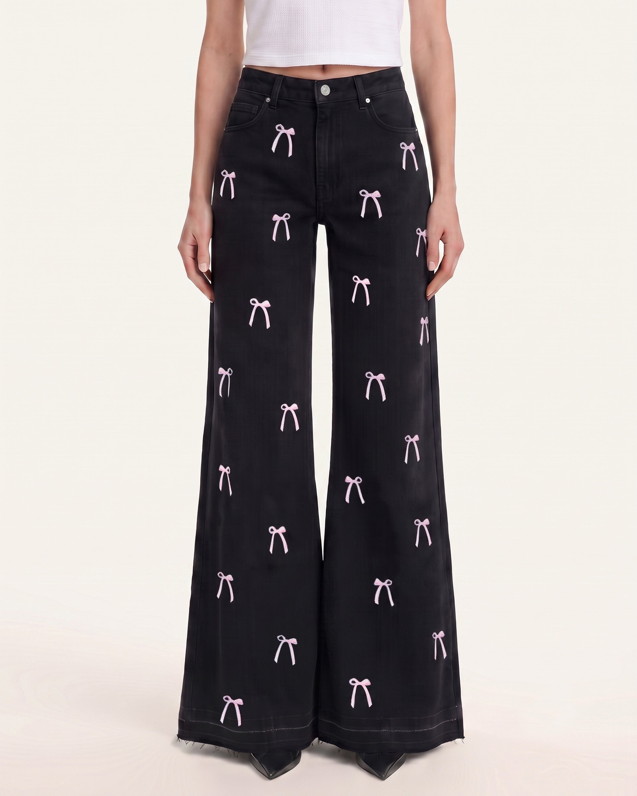 The Rebel Pink Ribbon Split Fray Jeans  - Black