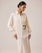 Satin Long-Sleeve Shirt with Orchid Embroidery - Ivory White
