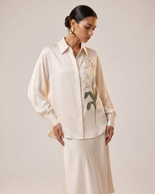 Satin Long-Sleeve Shirt with Orchid Embroidery - Ivory White