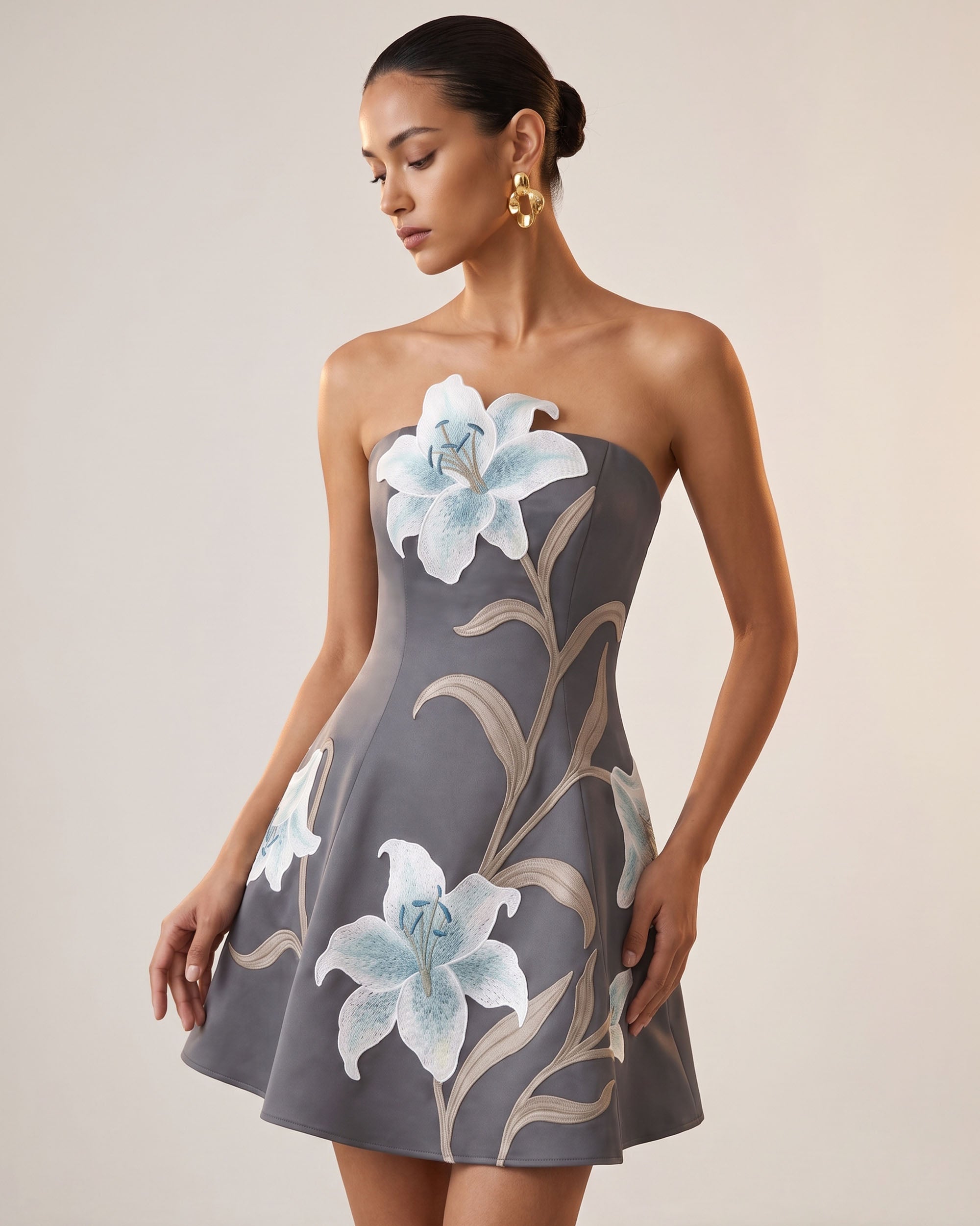 Lily Floral Print Strapless A-Line Mini Dress - Grey