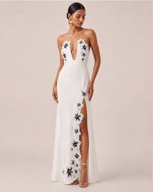 Flower Embroidered Cutout Halter Maxi Dress - White