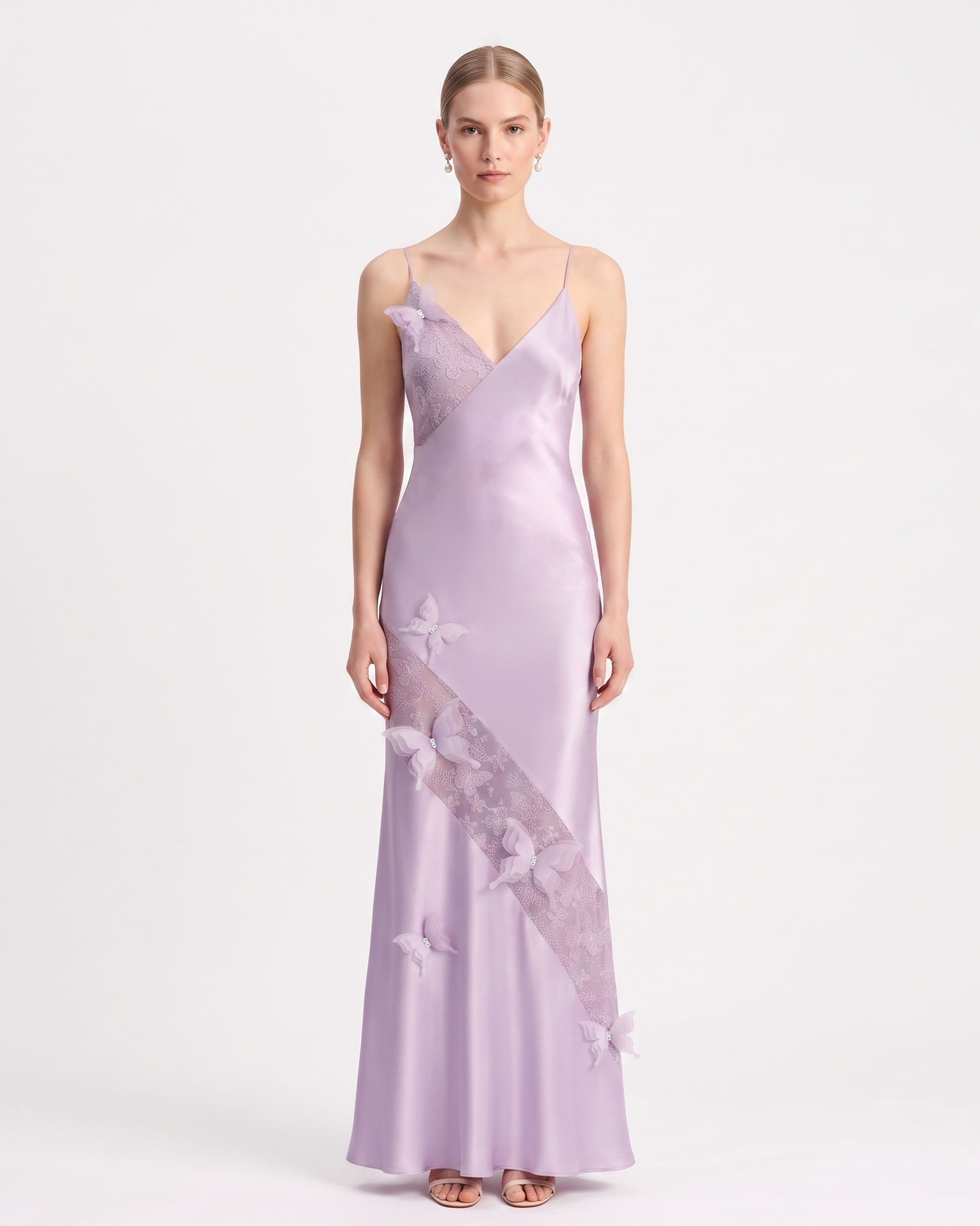 Butterfly Lace Panel Satin Slip Maxi Dress - Lavender