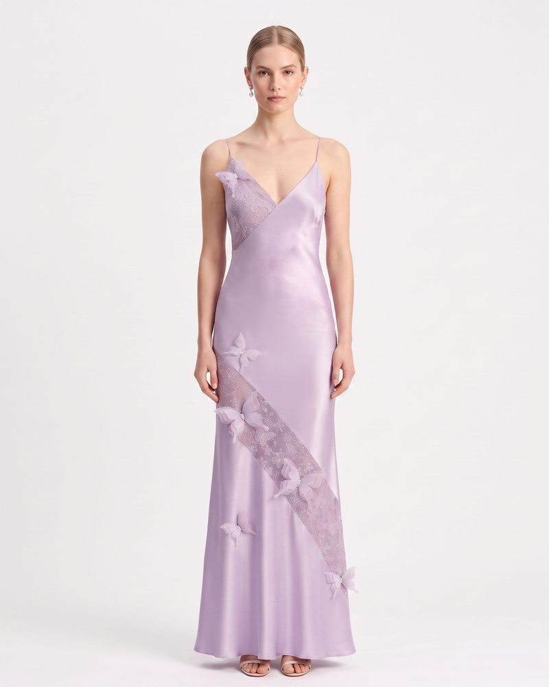 Butterfly Lace Panel Satin Slip Maxi Dress - Lavender